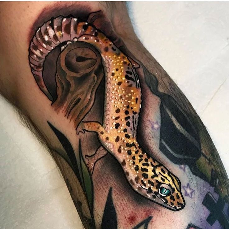 a lizard tattoo on the arm and leg