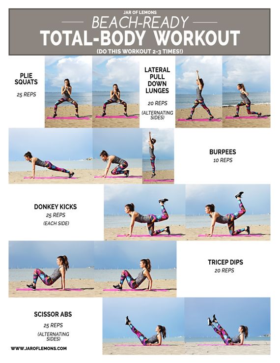 Get ready for the beach with this Total-Body Workout! No equipment needed! Beach Body Workout Plan, Plie Squats, Beach Workout, Beachbody Workouts, Beach Workouts, Training Workouts, Fitness Fun, Body Workout At Home, Body Workout Plan