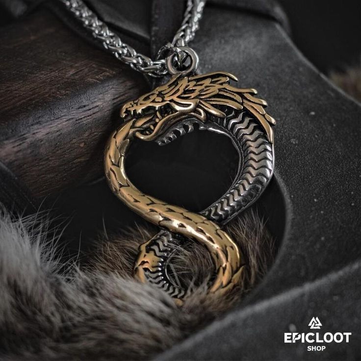 Silver-Gold Jormungandr Necklace Fantasy Brass Jewelry For Gifts, Viking Style Handmade Gold Jewelry, Handmade Viking Gold Jewelry, Handmade Viking Style Gold Jewelry, Spiritual Snake-shaped Metal Jewelry, Gold Fantasy Necklace In Metal, Medieval Style Metal Engraved Necklaces, Bronze Fantasy Necklace As A Gift, Bronze Fantasy Necklace For Gifts