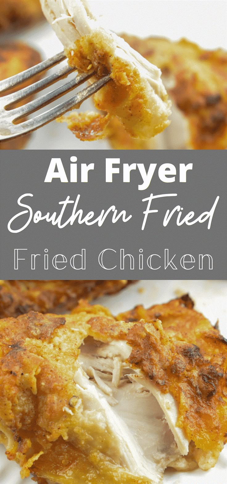 air fryer southern fried fried fried chicken on a white plate with a fork in it