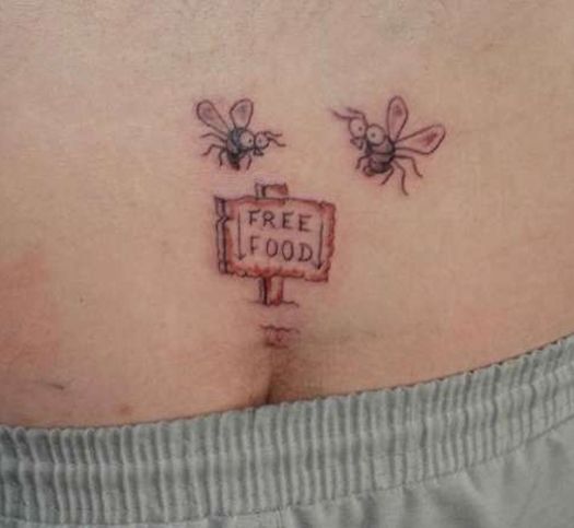 a woman's stomach with two bees on it and a free food sign in the middle