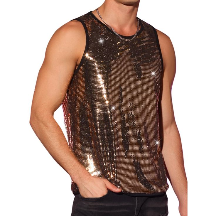 This shiny sleeveless shirt has a sequin pattern, crew neck, glitter design, and shiny party metallic tank tops. The glitter sequin metallic tank tops can make your outfit more trendy and eye-catching. You can pair the sequin tank tops with slim trousers, mesh t-shirts, and leather sneakers for fashion shows, parties, and summer celebrations. Glamorous Summer Vest With Sequins, Sequined Summer Tank Top, Sequined Tank Top For Summer, Summer Sequin Tank Top, Gold Tank Top For Summer Night Out, Metallic Tank Top For Summer Party, Shiny Disco Tops For Summer, Metallic Tank Top For Party Season, Metallic Sequined Tops For Summer