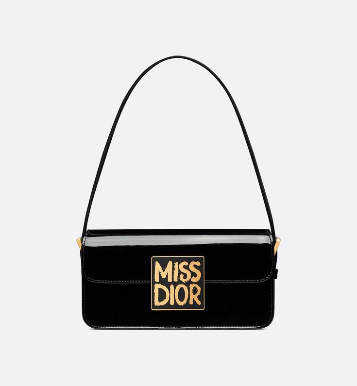 Miss Dior Flap Bag Black Patent Calfskin | DIOR Graffiti Signature, Miss Dior Bag, Enamel Plate, Wallet Pouch, Backpack Tote Bag, Miss Dior, Beach Accessories, Small Accessories, Tie And Pocket Square