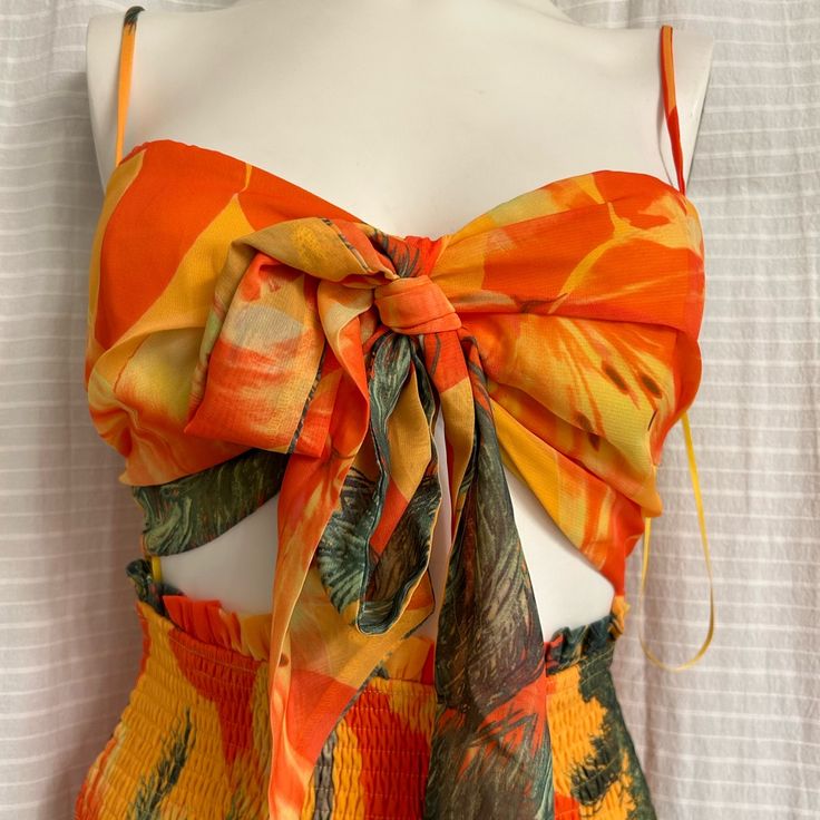 Sunset Orange And Yellow, Hints Of Green. Fitted With Flowy Ruffles, Adjustable Straps, Front Cutout. Never Worn! Vacation Dresses Beach, Leopard Maxi Dress, Brown Maxi Dresses, Colorful Maxi Dress, Floral Chiffon Maxi Dress, Purple Maxi, Sheer Maxi Dress, Crochet Maxi Dress, Sunset Orange