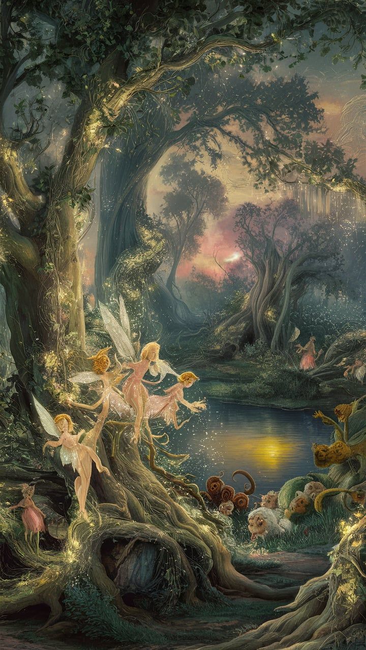 a painting of some fairy people in the woods