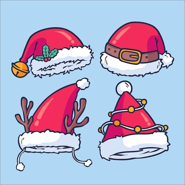 christmas hats with reindeer antlers and bells on them, set against a blue background