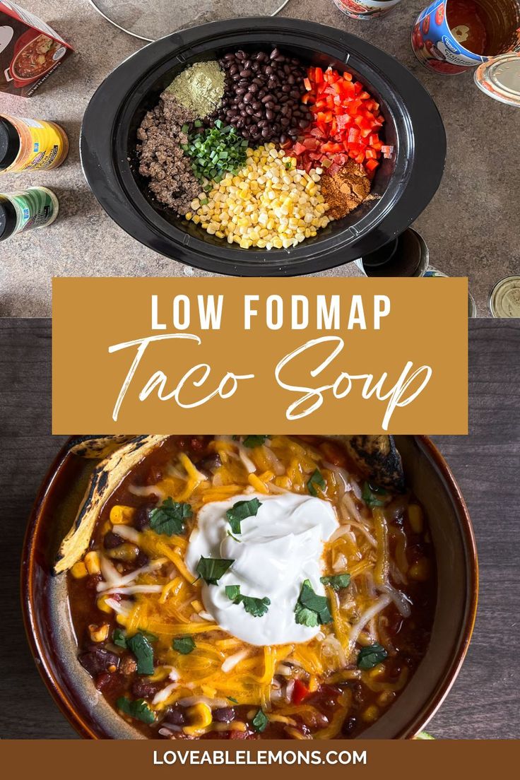 low fodmap taco soup in a bowl with sour cream on top