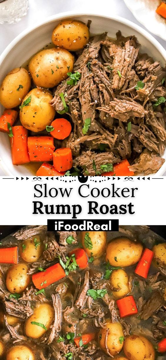 slow cooker beef roast with carrots, potatoes and parsley in a white bowl