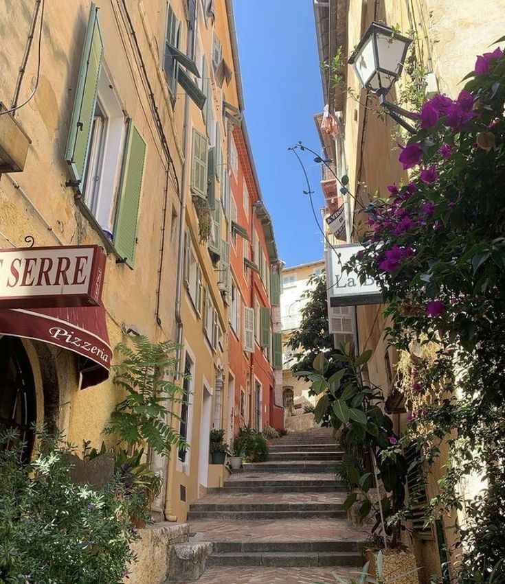 an alleyway with steps leading up and down to the building's doors, windows and shutters