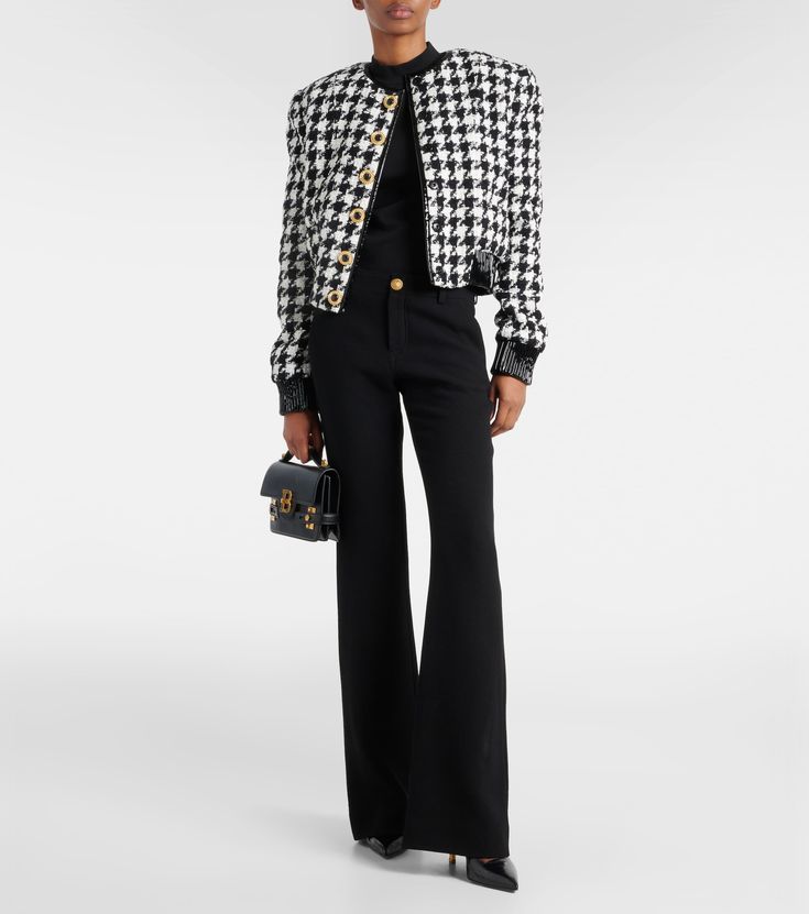 Houndstooth tweed jacket in black - Balmain | Mytheresa Balmain Jacket Outfit, Balmain Tweed Jacket, Black White Blazer Outfit, Black And White Blazer Outfit, White Blazer Outfit, Balmain Tweed, White Blazer Outfits, Balmain Jacket, Balmain Clothing