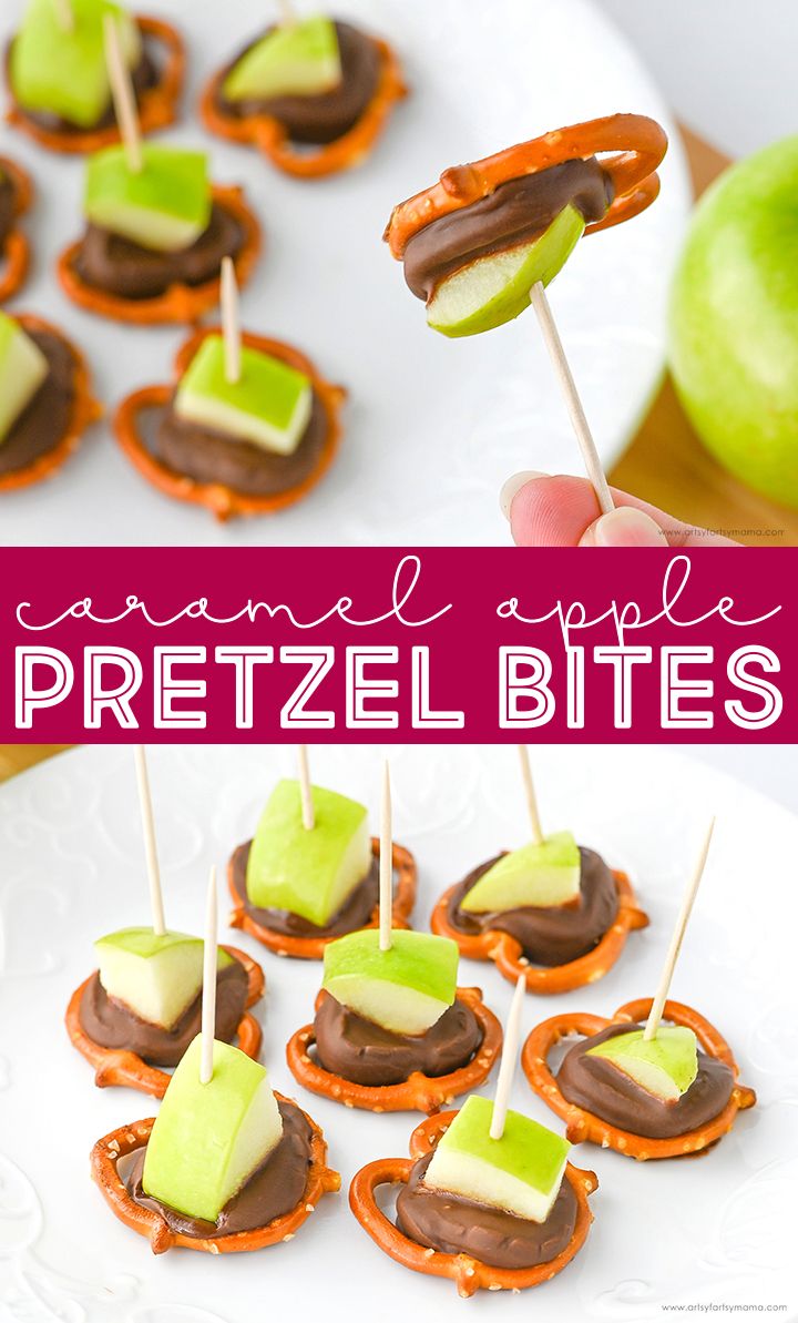 caramel apple pretzel bites on a white plate