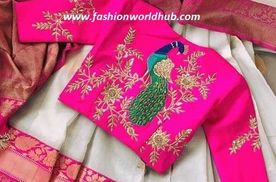 Aari work blouse peacock design Peacock Work Blouse Design, Peacock Embroidery Designs Blouse, Beautiful Blouse Designs, Peacock Embroidery, Sari Blouse Designs, Wedding Blouse Designs, Indian Saree Blouses Designs, Blouse Designs Indian, Silk Saree Blouse Designs