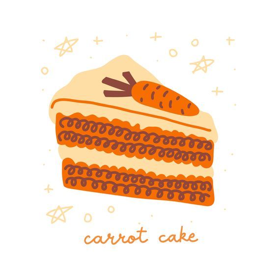 a piece of carrot cake with the word carrot cake on it's side and an orange carrot sticking out of its top