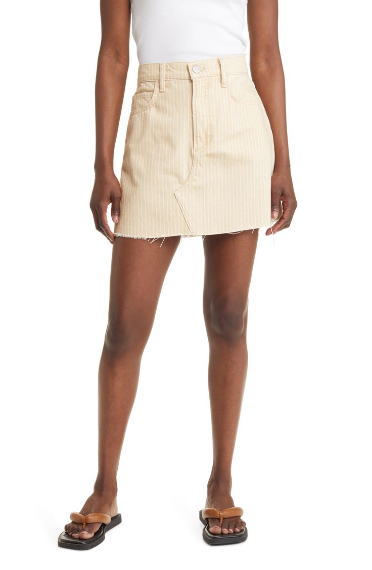 This striped skirt is cut to a leggy length and crafted from nonstretch denim with fraying raw hems. 100% cotton Machine wash, dry flat Made in Turkey Fitted Cotton Cutoff Mini Skirt, Spring Cotton Mini Denim Skirt, Fitted Cotton Cutoff Skirt, Chic Mid-rise Cotton Skirt, Spring Cotton Denim Skirt, Short Length, Chic Cotton Denim Mini Skirt, Trendy Cotton Bottoms With Vertical Stripes, Spring Cotton Mid-rise Skirt, Spring Mid-rise Cotton Skirt