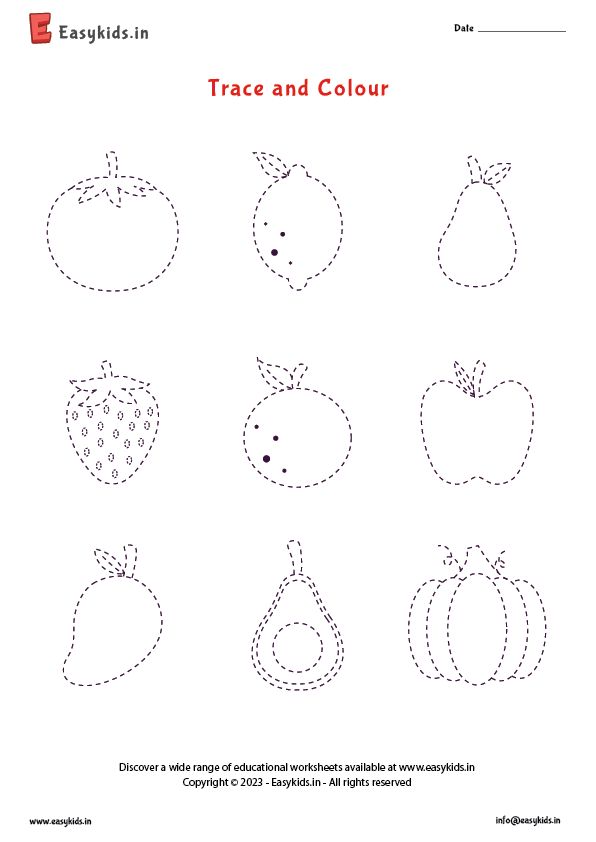 trace and color worksheet for children to learn how to draw apples, pears and