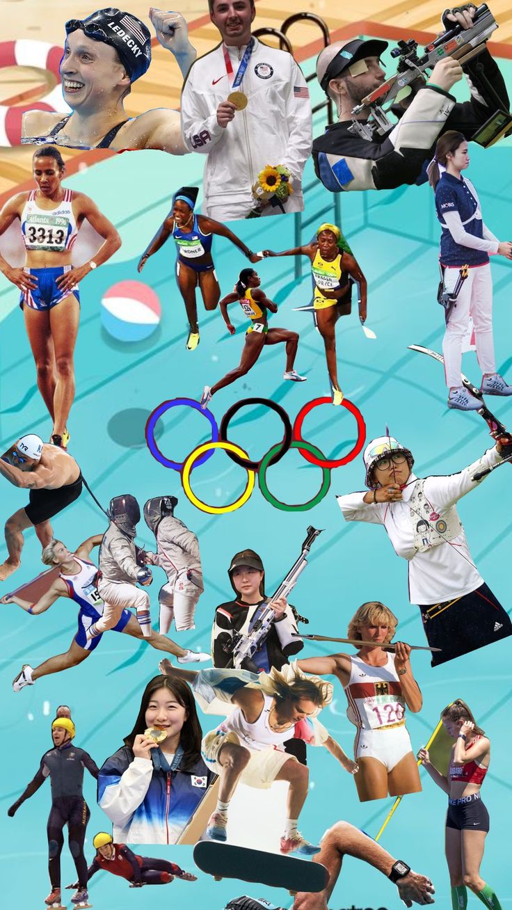 the collage shows many different people in sports uniforms and olympic rings, including two men and one woman