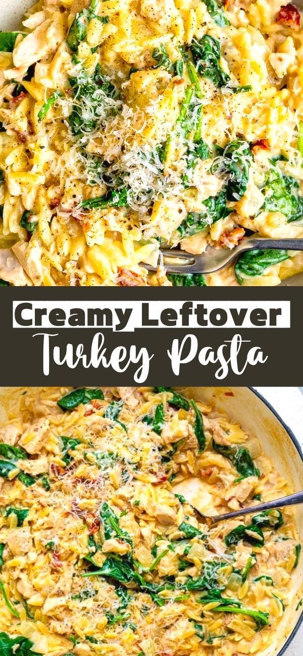 creamy leftover turkey pasta with spinach and cheese in a skillet, ready to be eaten