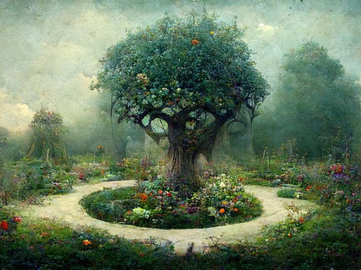 a painting of an apple tree surrounded by flowers and trees in a garden with a path leading to it