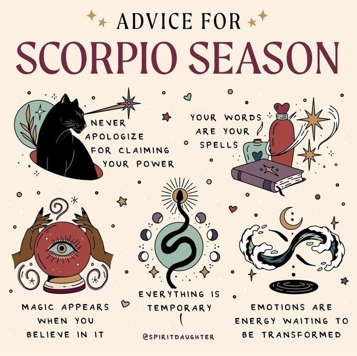 an advert for scorpio season with different things in the background and words above it