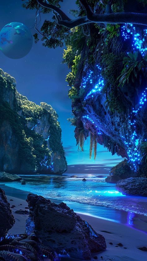 an image of the ocean at night with blue lights on trees and rocks in the foreground