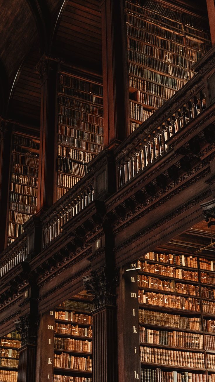 an old library with many bookshelves filled with lots of books and illuminated by lights