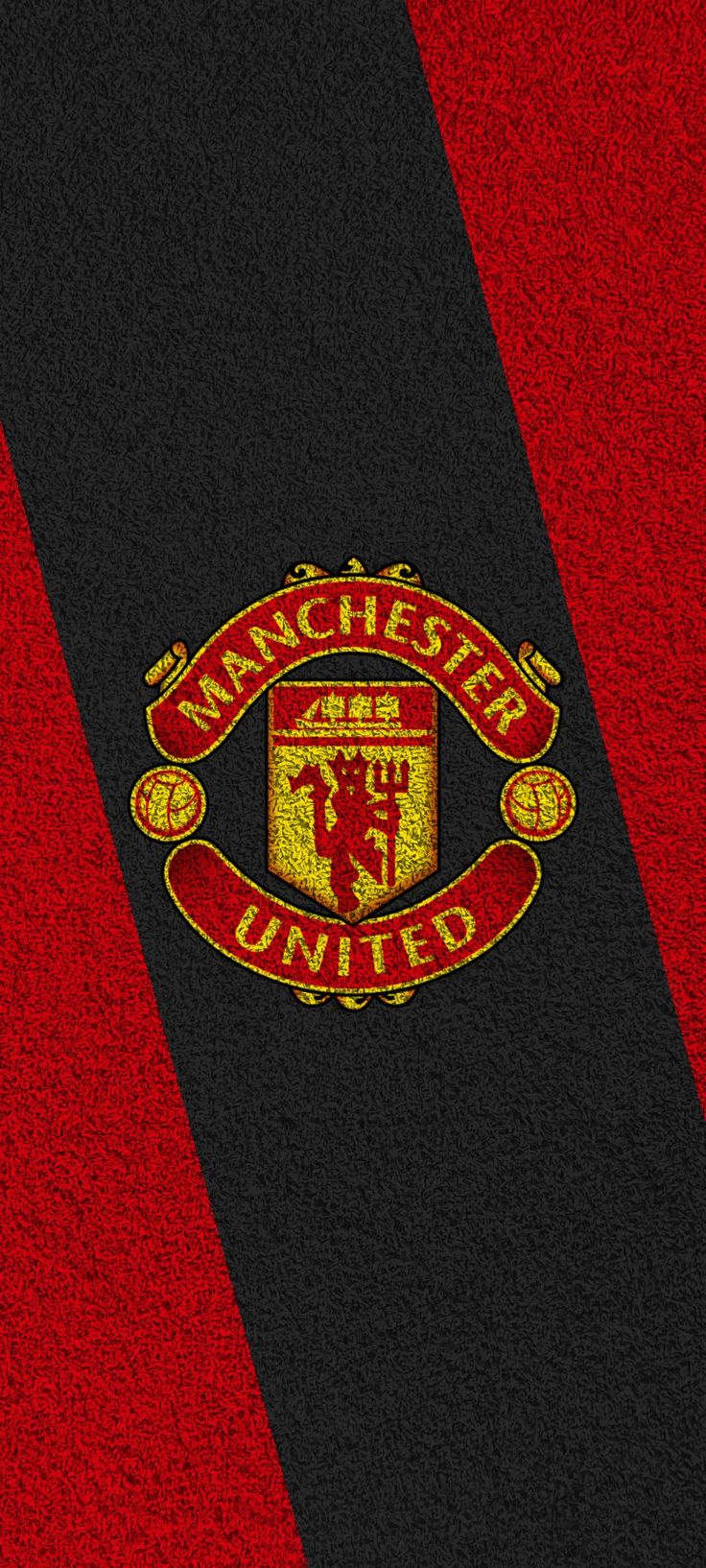 the manchester united logo is shown on a red and black striped wallpaper with gold lettering