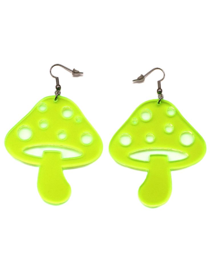 Mushroom Earrings | Vibrant Colors for Raves & Music Festivals Rave Jewelry For Music Festival With Adjustable Fit, Fun Mushroom Design Jewelry For Gifts, Fun Mushroom Design Jewelry Gift, Unique Adjustable Mushroom Earrings, Adjustable Funky Earrings For Festivals, Green Mushroom Design Dangle Earrings, Green Dangle Earrings With Mushroom Design, Funky Green Earrings As A Gift, Funky Green Earrings For Gift