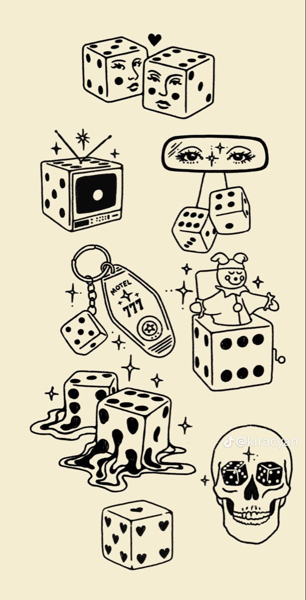 Flash sheet tattoo design mini dice gamble vintage procreate illustration digital art graphic stars phone background wallpaper Dice Cherries Tattoo, Dice With Wings Tattoo, Craps Tattoo, 777 Vegas Tattoo, Dice Drawing Easy, Fuzzy Dice Drawing, Dice Flash Tattoo, Dice Tattoo Design Ideas, Traditional Vegas Tattoo