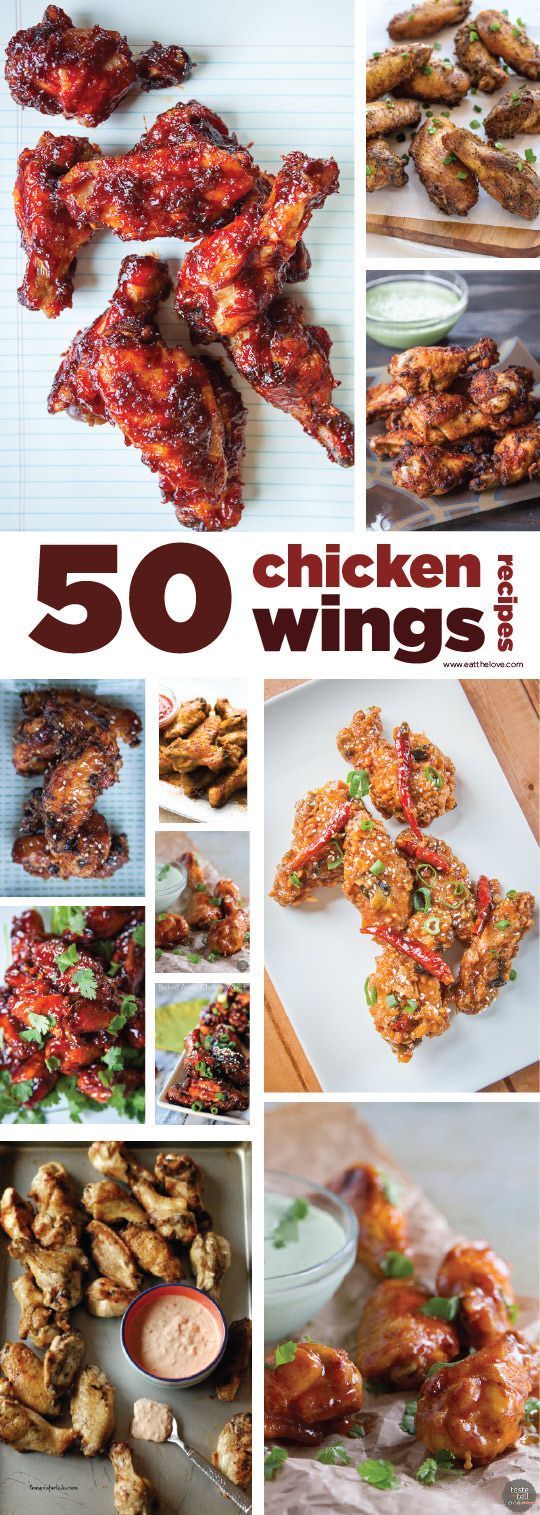 the cover of 50 chicken wings cookbook is shown with pictures of different foods and sauces