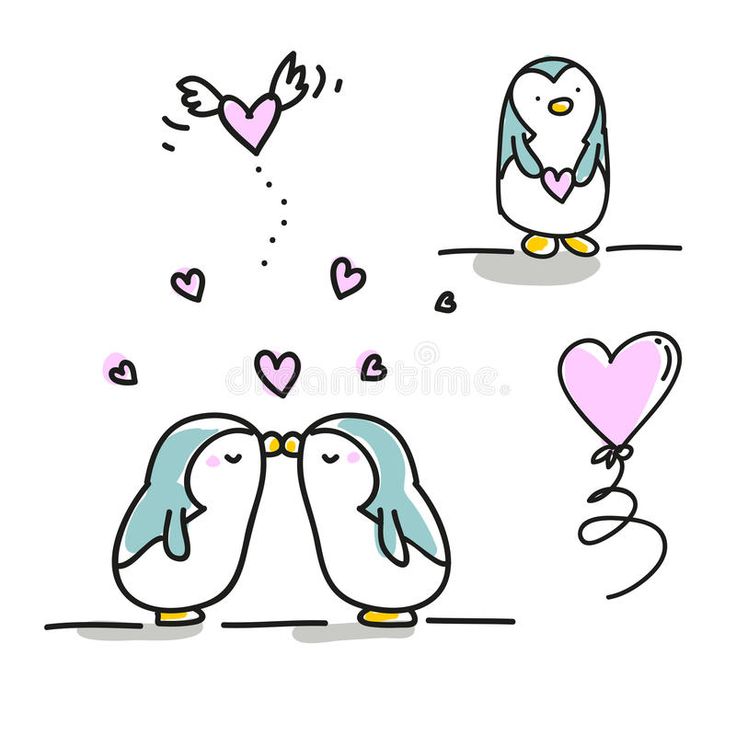 two penguins kissing each other with hearts flying out of their mouths, and one penguin is holding