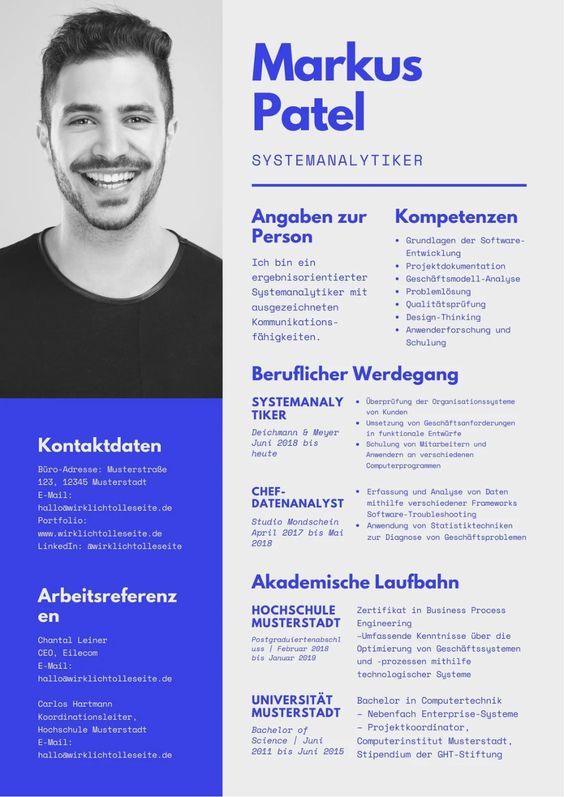 a blue and white resume template with a man's face on the front page