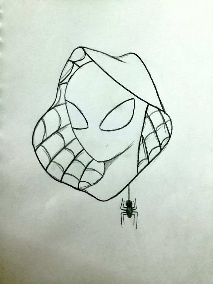 a drawing of a spider - man hanging from a web in front of a face