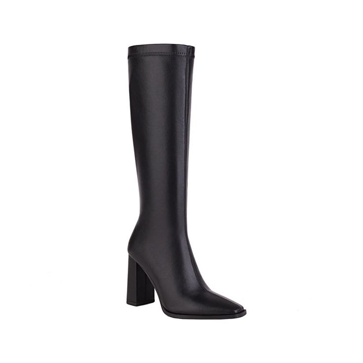 Chic Mid-calf Heeled Boots Medium Width, Trendy Faux Leather Knee-high Boots With Square Toe, Trendy Wide Calf Heeled Boots With Square Toe, Modern Wide Calf Knee-high Boots For Fall, Trendy Fitted Heeled Boots For Office, Sleek Knee-high Boots With Block Heel, Faux Leather Square Toe Fitted Boots, Fitted Square Toe Heeled Boots For Fall, Fall Fitted Heeled Boots With Square Toe