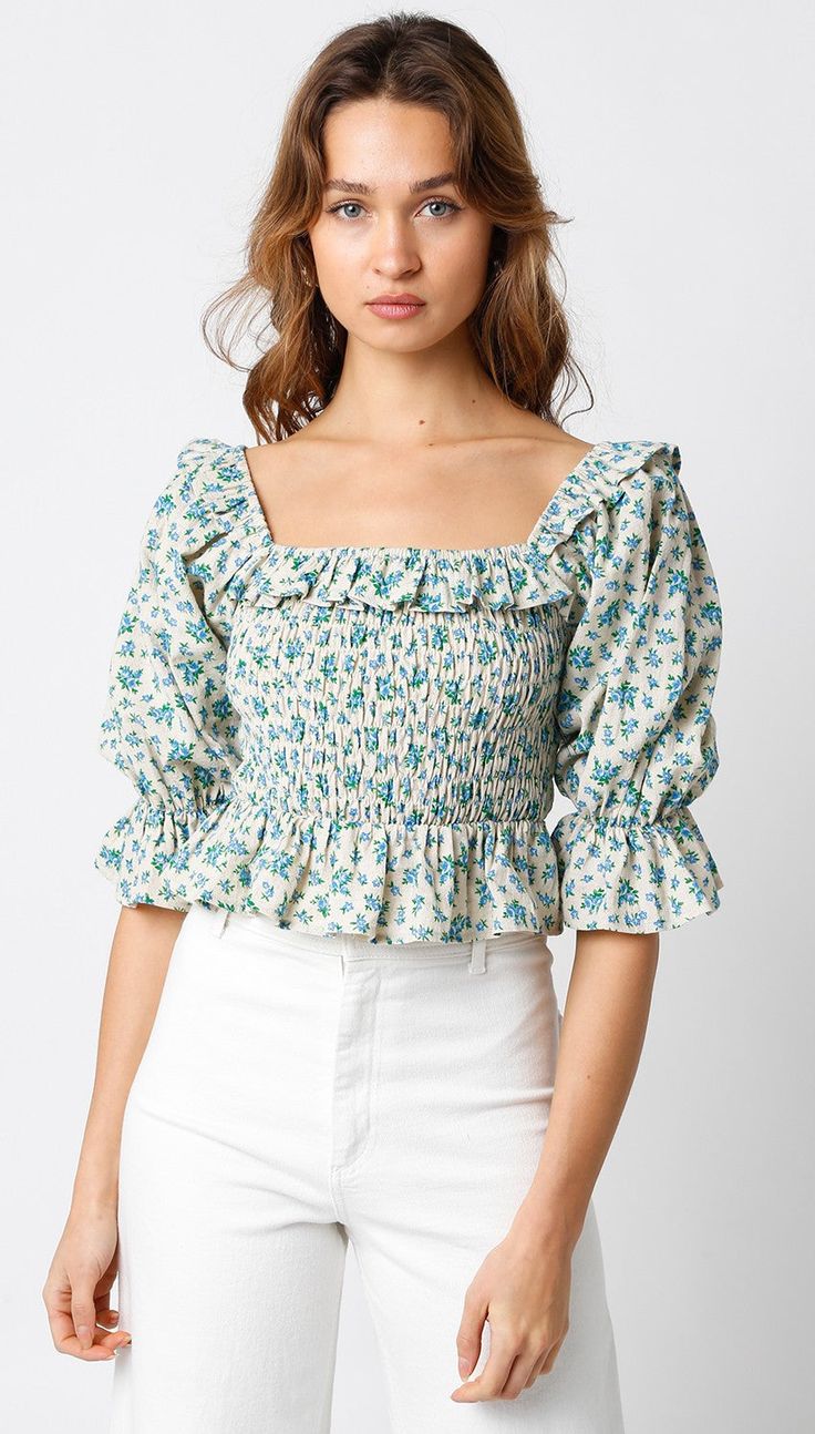 shine baby shine! Fitted Flirty Crop Top, Fitted Cotton Flirty Tops, Fitted Summer Blouse With Ruffle Sleeves, Fitted Flirty Cotton Tops, Fitted Blouse With Ruffle Sleeves For Summer, Cotton Blouse With Floral Print And Ruffle Sleeves, Feminine Floral Print Top With Ruffle Sleeves, Chic Floral Print Crop Top, Chic Fitted Ruffle Blouse