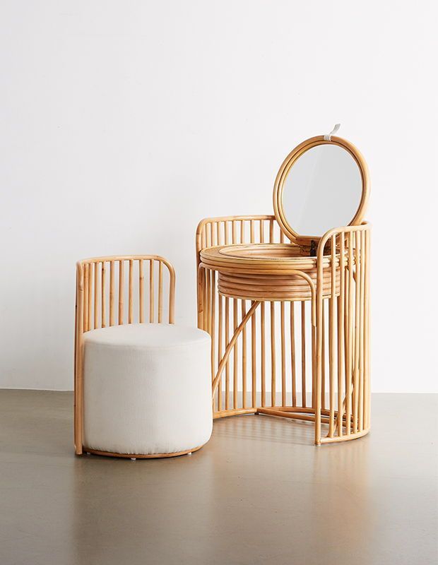 two chairs and a stool with a mirror on the top one is made out of bamboo