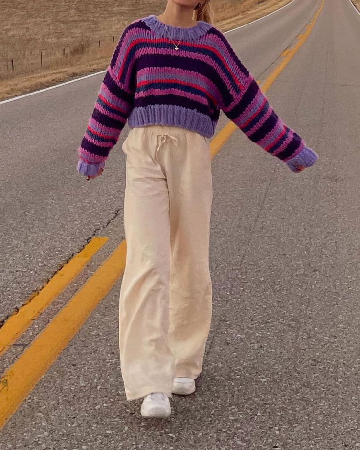 Purple Stripe Sweater Literally the warmest sweater ever! This one looks great with denim bottoms and fresh white sneakers! High round neckline Dramatic long sleeves Cropped length Casual Chunky Knit Sweater, Casual Purple Chunky Knit Sweater, Mescia Twins, Winter Sweater Outfits, Denim Bottoms, Style Edit, Winter Sweater, Warm Sweaters, Girl Gang