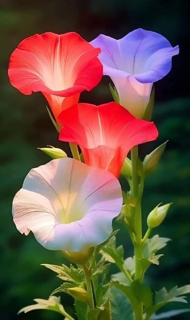 three red, white and blue flowers are in the sunlight on a plant with green leaves