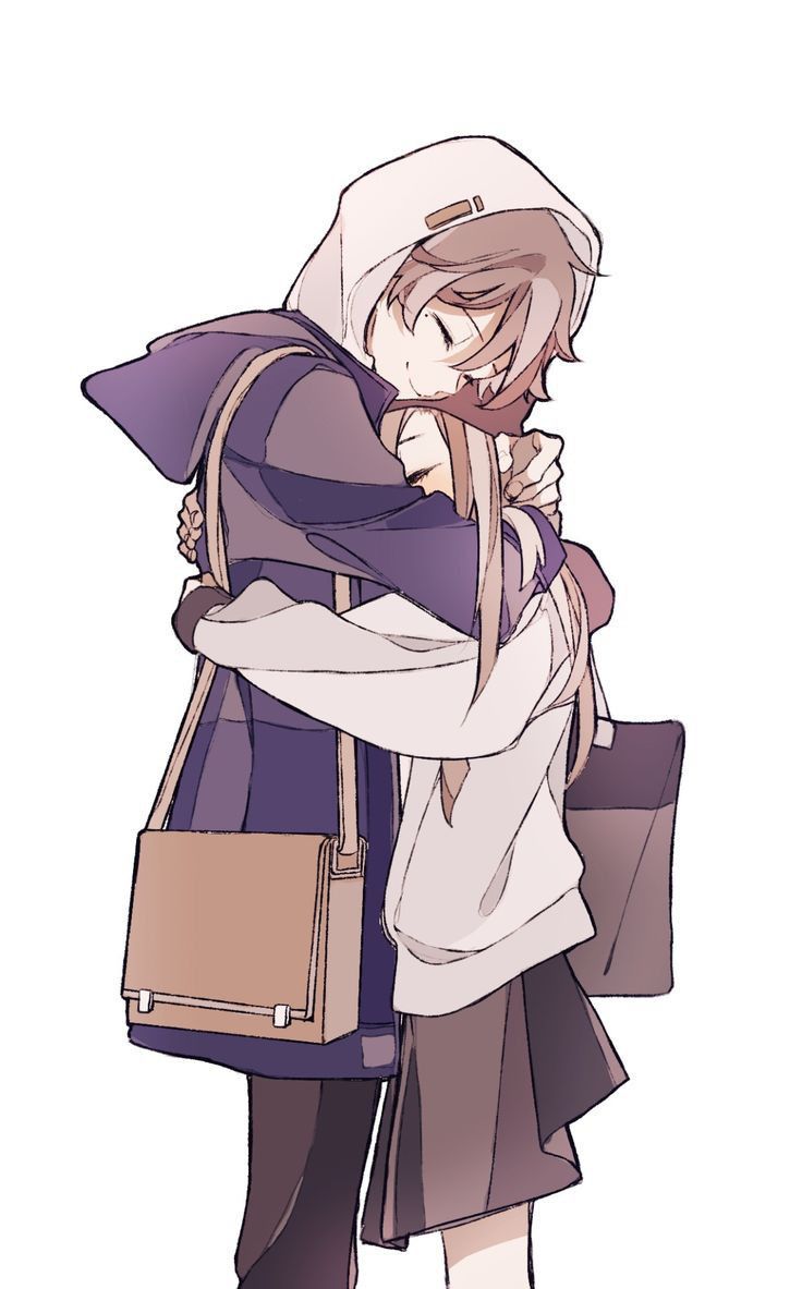 an anime character hugging another person with their arms around each other, both wearing backpacks