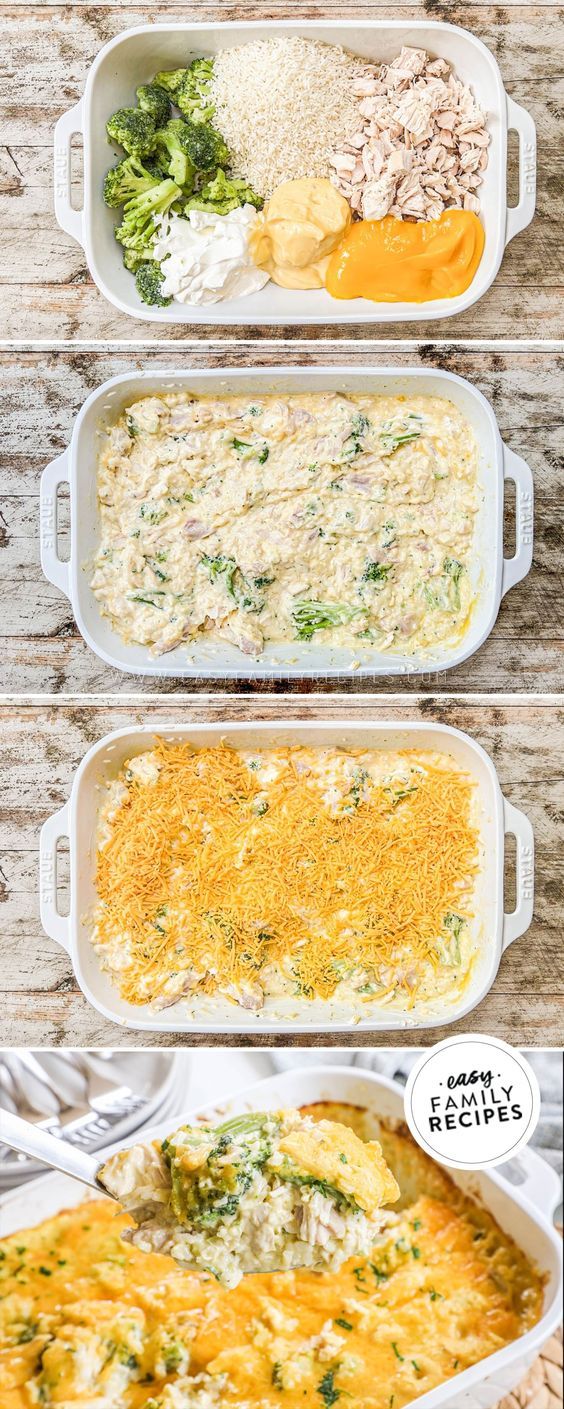 four different casserole dishes with broccoli and cheese