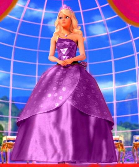 the barbie doll is standing in front of a large glass building with pink walls and red carpet