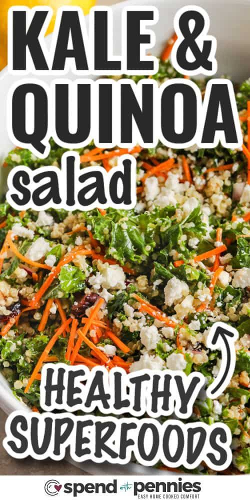 kale and quinoa salad with healthy superfoods in a white bowl