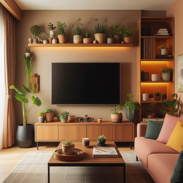 a living room filled with furniture and lots of plants on top of the tv stand