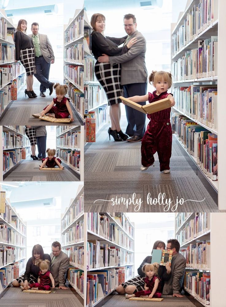 a collage of photos with people and children in the middle of bookshelves