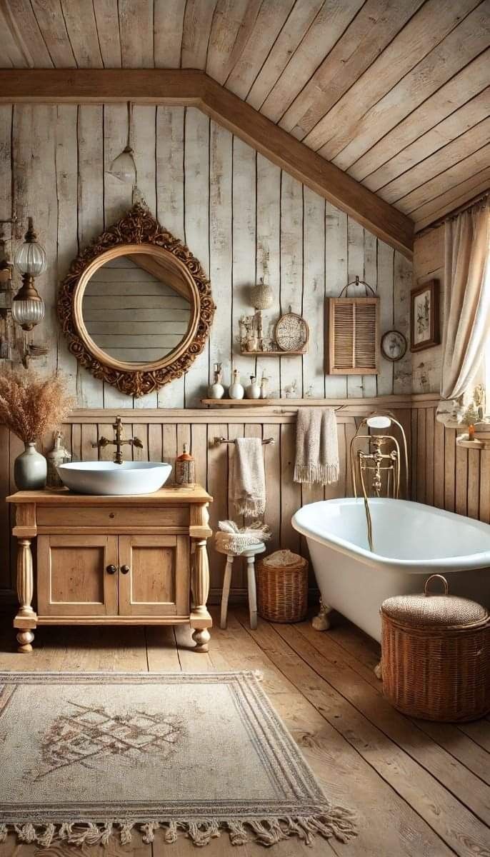 an old fashioned bathroom with wood paneling and white bathtub in the corner, along with a rug on the floor