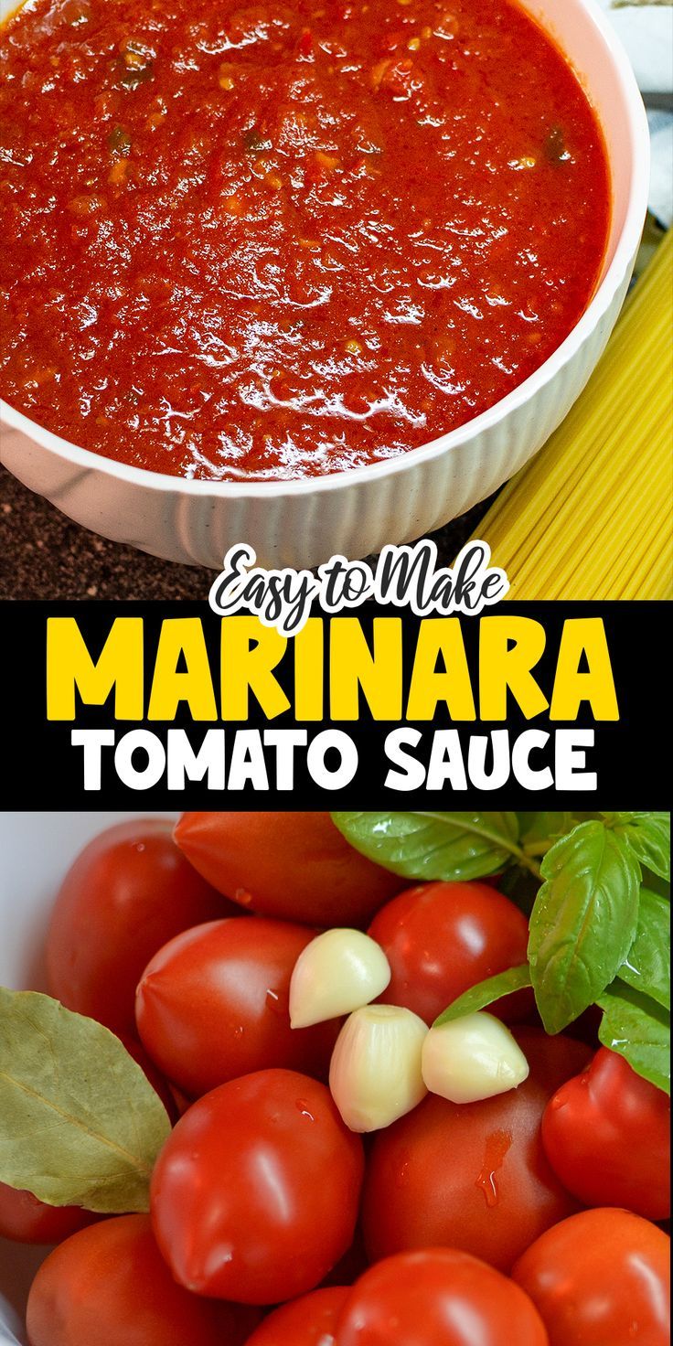 marinara tomato sauce in a white bowl next to tomatoes and basil