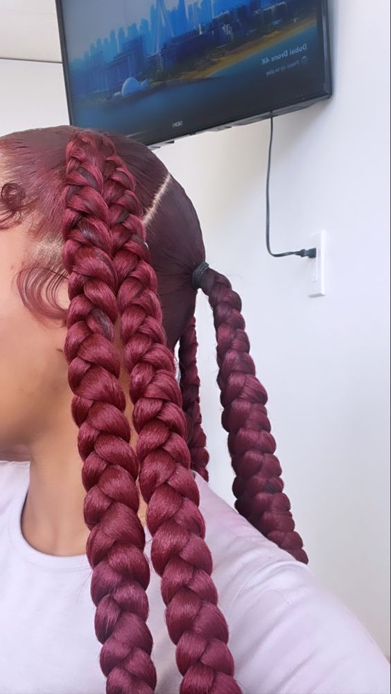 #follow #hairstyles #hairgoals #hair #redhair #beautyblog #braids #blogging #blog #blogger Red Jayda Wayda Braids, Bow Braided Hairstyles, Styles To Do With Braiding Hair, Jayda Wayda Braids With Curls, 4 Parts With 2 Braids In Each, Hairstyles To Do With Weave, Hair Braider Aesthetic, Hair Styles With Braiding Hair, Jadya Wayda Braids