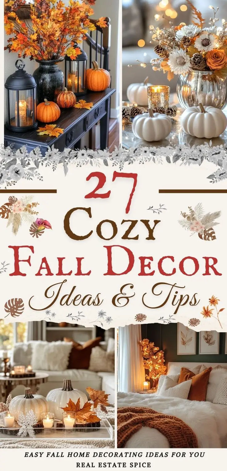 says 27 cozy fall decor ideas and tips with 4 images of home decor ideas living room table trays entryway bedroom fall flowers throw pillows bedding candles lanterns vases pumpkins below says easy fall home decorating ideas for you Fall Ambiance, Fall Eats, Fall Tray, Vintage Fall Decor, Coastal Fall, Autumn Food, Fall Decorating Ideas, Cozy Fall Bedroom, Fall Living Room Decor