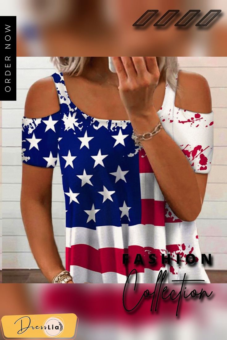 Cold Shoulder Independent Day Flag Shirt Casual American Flag Print Top For Vacation, Casual Summer Blouse With Letter Print, Summer Vacation Tops With American Flag Print, American Flag Print Tops For Summer Vacation, Summer Flag Print T-shirt With Relaxed Fit, White Americana Tops For Labor Day, Summer Americana Style Short Sleeve T-shirt, American Flag Print Tops For Labor Day, Spring American Flag Short Sleeve T-shirt