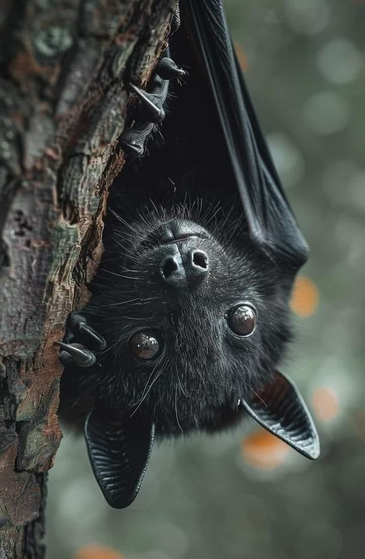 a bat hanging upside down on a tree