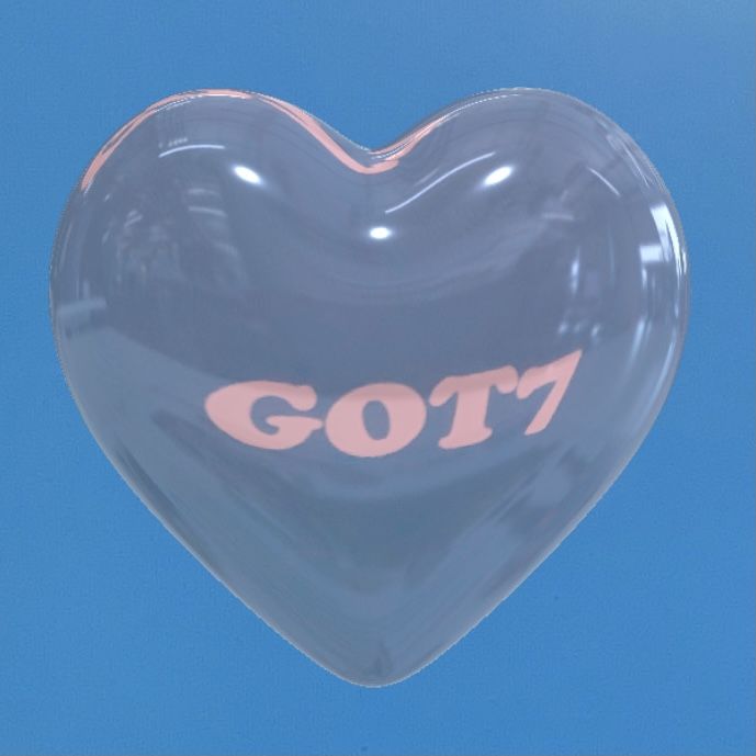 a clear heart shaped balloon with the word got7 printed on it's side